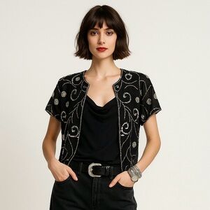 Vintage Silk Beaded Sequin Top S Black Silver Fairycore Whimsigoth Tina